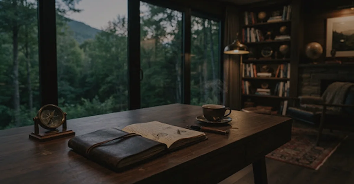 A quiet study desk facing misty green hills
